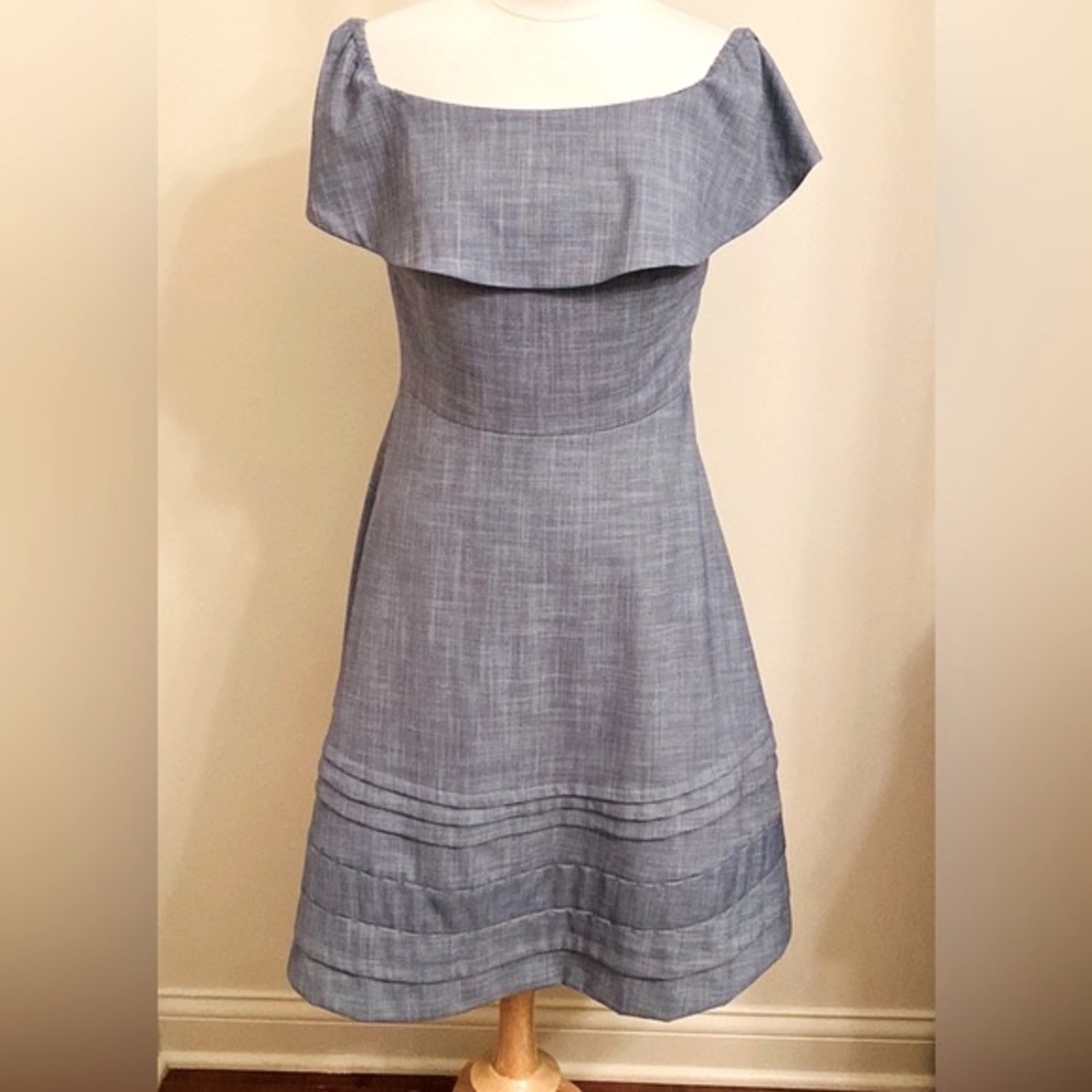 Banana Republic Blue Chambray 8 Coastal Grandma Preppy Ruffle Silhouette Dress